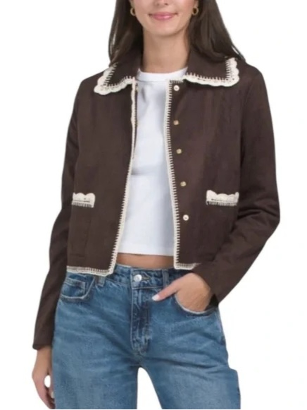 Bagatelle Collection Brown Suede Crochet Trim Button Collared Jacket Size M - Picture 2 of 5